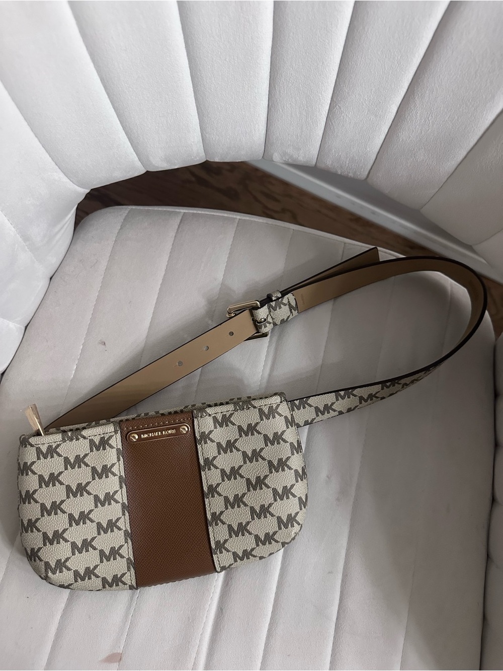 Michael Kors Beige MK Logo Crossbody Belt Bag with Brown Panel